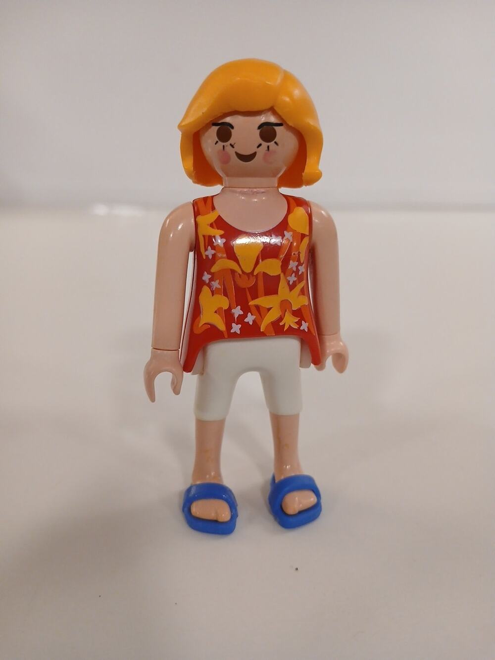 Playmobil Woman Figure Red Shirt With Yellow Flowers White Pants Blue Shoes